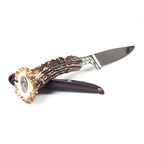 Almbock Trachtenmesser Rehkrone - edles Lederhosen-Messer, Jagdmesser Rehkronen-Griff mit Hirschkopfmünze, verschließbare Messerscheide, Oktoberfest, aus Bayern von Almbock