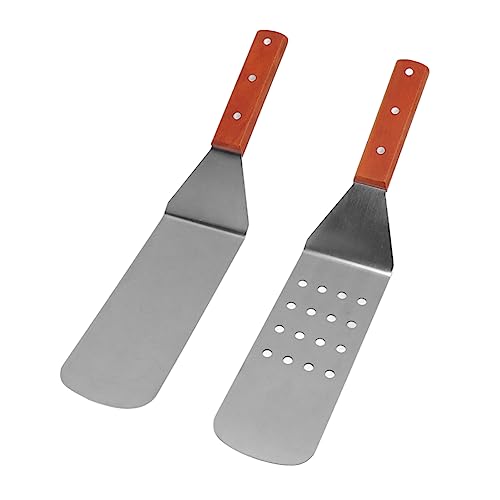 Spatel Turner Grill flacher Spatel Edelstahl bequemer Griff Holzgriff beständiges zu reinigen haltbarer Küchenzubehör für Grillgrill (Runder Spatel und rund geschlitzte Spatel) von Almeigrity