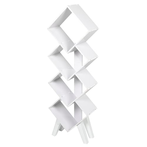 Alnemy 4 Ebenen Bücherregal, Standregal, Kiefernholz Regal Rautenförmige Struktur Bookshelf mit 4 Angehobene Beine für Schlafzimmer Arbeitszimmer Wohnzimmer (Weiß) von Alnemy
