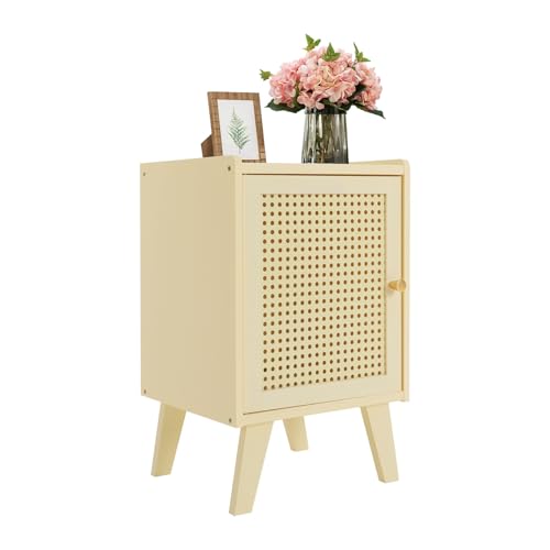 Alnemy Nachttisch Rattan Licht Holz Farbe Schrank Tür mit 2 Fächern Boho Rustic Modern Nachttisch (Cremefarbenes Beige) von Alnemy