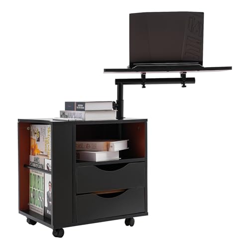 Funktioneller Drehbarer Nachttisch Mit Schublade, Hubtisch, Multifunktions Verstellbarer Tisch Mit Rollen (Schwarz) von Alnemy
