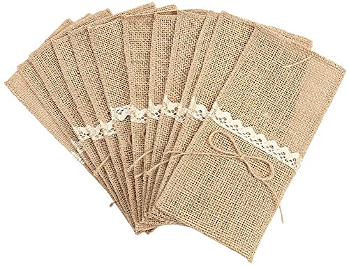 Alnicov Natürliche Jute-Spitzen-Utensilienhalter für Jute-Serviettenhalter,Taschen für Vintage Hochzeit,Party,Abendessen,Thanksgiving,Bankett,Geschirr-Dekorationen (Jute-Schleife,20 Packungen) von Alnicov