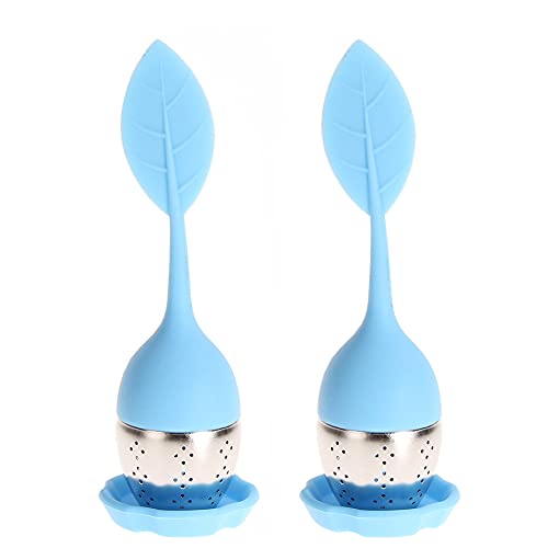 Alnicov Tee-Ei mit Abtropfschale,feinmaschiges Tee-Ei mit Silikongriff, perfekt,ideales Tee-Ei für lose Blätter oder Kräutertee (blaue Blattform), 2 Stück von Alnicov