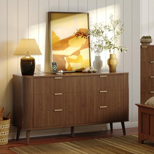 Geriffelte Kommode mit 6 Schubladen, 144,8 cm breiter TV-Ständer aus Holz, moderne lange Kommoden mit gebogenem Profil-Design für Schrank, Schlafzimmer, Wohnzimmer, Flur, Eingangsbereich, Heimbüro von Alohappy