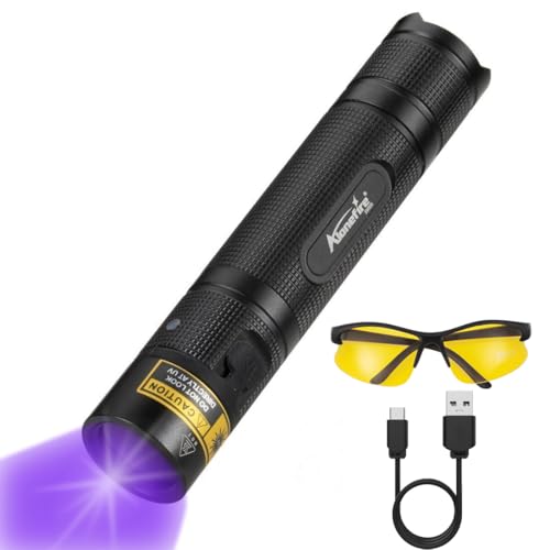 Alonefire SV005 10W LED 365nm UV Taschenlampe Schwarzlicht Tragbarer USB Wiederaufladbar Schwarzlicht Vollmetallgehäuse Haustier Urinmelder mit UV-Schutzbrille, Inklusive Batterie zur Harzhärtung von Alonefire