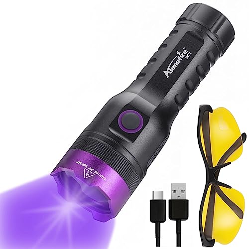 Alonefire SV71 15W 365nm UV Taschenlampev Stark Typ C USB Aufladbar Schwarzlicht Haustierurin Detektor Geld-Detektor für UV Harz, Angeln, Skorpion, Bernstein, Mineralien mit UV Schutzbrille, Batterie von Alonefire