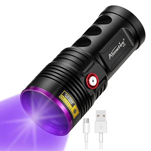 Alonefire H42UV 36W 365nm UV Taschenlampe USB Aufladbar Schwarzlicht Haustier Urin Detektor für Harzhärtung, Bernstein, Angeln, Geocaching, Skorpion mit Ladestation, UV Schutzbrille, 4 x Batterie von Alonefire