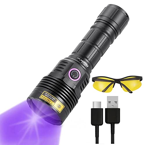 Alonefire SV47 12W 365nm UV Taschenlampe Typ C USB Aufladbar Große Reichweite Schwarzlicht Haustierurin Detektor für UV Harz, Angeln, Skorpion, Bernstein, Mineralien mit UV Schutzbrille, Batterie von Alonefire