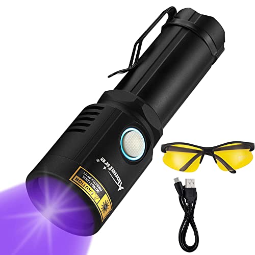 Alonefire X901UV 10W 365nm UV Taschenlampe Tragbar USB Aufladbar Schwarzlicht Taschenlampe Haustier Urin Detektor für Harzhärtung, Angeln, Bernstein, Skorpion mit Gafas Protectoras UV, Batterie von Alonefire