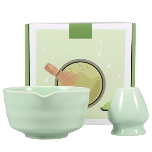 2 Teilige Japanische Matcha Schüssel aus Keramik mit Schneebesenhalter 500ML Chawan Einfach Liefert Schneebesen Teeschale, Chawan Matcha Teeschale für Anfänger DIY Liebhaber Starter(Grün) von Alongen