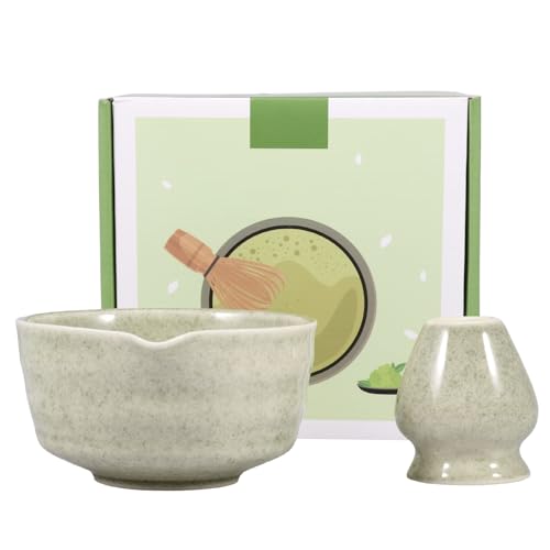 2 Teilige Japanische Matcha Schüssel aus Keramik mit Schneebesenhalter 500ML Chawan Einfach Liefert Schneebesen Teeschale, Chawan Matcha Teeschale für Anfänger DIY Liebhaber Starter(Matcha Grün) von Alongen