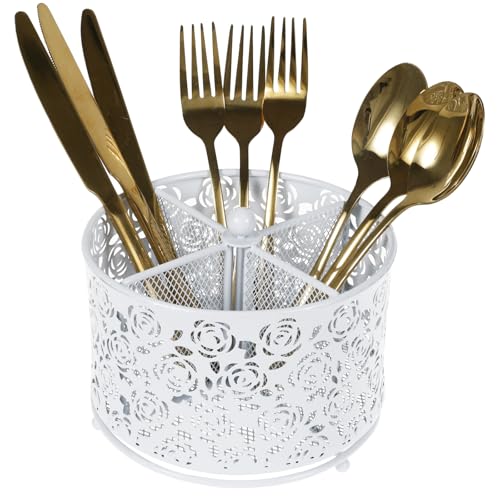 Alongen 360° Drehbarer Küchenutensilienhalter Metall Küchencontainer Utensilienhalter Utensilien Caddy mit 4 Fächern Wasserdichter Vielseitigkeit Aufbewahrungsregal für Party, Küche, Theke, Büro von Alongen