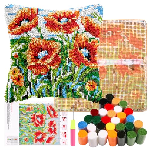 Knüpfhaken Kissen Kits Latch Hook Kissen Set für Kinder oder Anfänger Erwachsene DIY Latch Haken Kissenbezug Teppich Stickerei Set DIY Knüpfteppich Knüpfpackung für Home Sofa Dekor 43x43cm(Blume) von Alongen