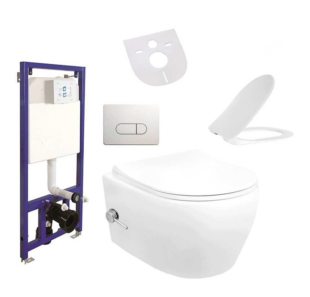 Aloni Tiefspül-WC AL55800Komplett, Hänge WC Spülrandlos Integrierte Kalt/-Warmwasserarmatur Deckel von Aloni