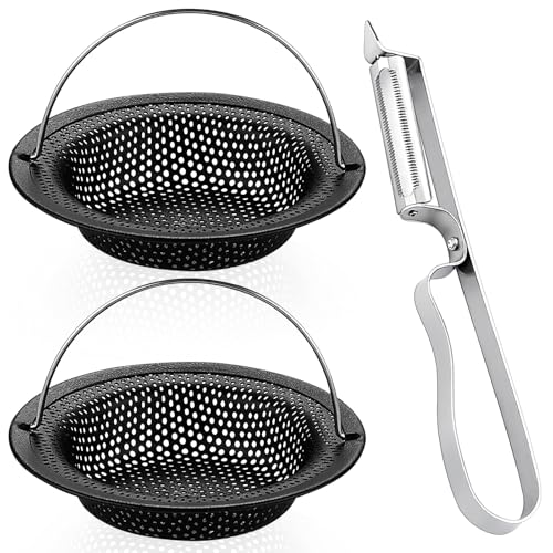 Alovez 2 Stück Abflusssieb Küchenspüle und 1 Stück Universal-Sparschäler Set, Sieb Edelstahl Waschbecken für Küchen Waschbecken Spülbecken Universal Kitchen Sink Strainer Dusche, Schwarz von Alovez