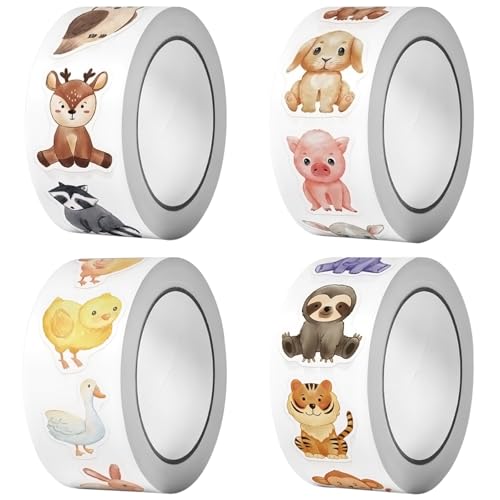Alovez 2000 Stück Runde Tier Aufkleber, Animal Sticker Rolle, 32 Muster Animal Sticker Rolle Runde Aufkleber Kinder Selbstklebende für Mädchen Junge von Alovez
