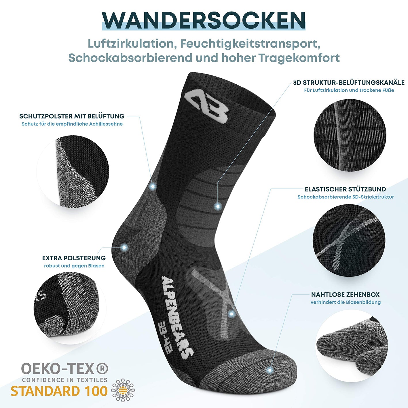 Wandersocken Merinowolle - 2er-Set - Grau-Schwarz - Größe 39-42 Wandersocken Merinowolle - 2er-Set - Grau-Schwarz - Größe 39-42 von Alpen Bears