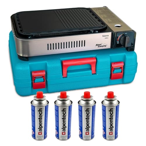Alpen – Gas-Plancha Grill 2100 W Kochen 30 x 24 cm Piezo + 4 Gaskartuschen + Transportkoffer von Alpen Camping GAS ENERGY