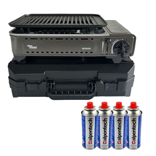 Alpen – Tragbarer Gasgrill 1780 W + 4 Gaskartuschen für Butangas, Piezo-Zündung + Koffer Camping Alpen – Tragbarer Gasgrill 1780 W + 4 Gaskartuschen für Butangas, Piezo-Zündung + Koffer Camping von Alpen Camping GAS ENERGY