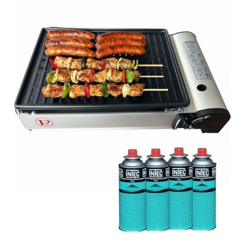 Gasgrill 1900 W + 4 Butangaskartuschen, Piezo-Zündung + Fettauffangschale, Camping COOK160 von Alpen Camping GAS ENERGY