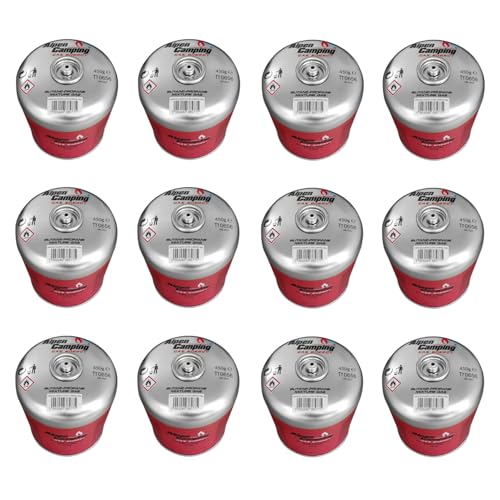 Alpen Camping 12-er Pack 450 g Gaskartusche EN 417 Propan‑Butan 7/16″ Gewinde – für Kocher Outdoor Brenner Zeltlager Reise – Zertifiziert PI 0437 – Einsatz von – 10 °C bis + 40 °C (12 Stück) von Alpen Camping