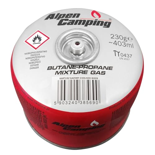 Alpen Camping 230 g Propan‑Butan Gaskartusche EN 417 7/16″ Gewinde Outdoor Campingkocher Wanderkocher Survival Expedition – zuverlässig –10 °C bis +40 °C – Zertifiziert PI 0656/PI 0437 (1 Stück) von Alpen Camping