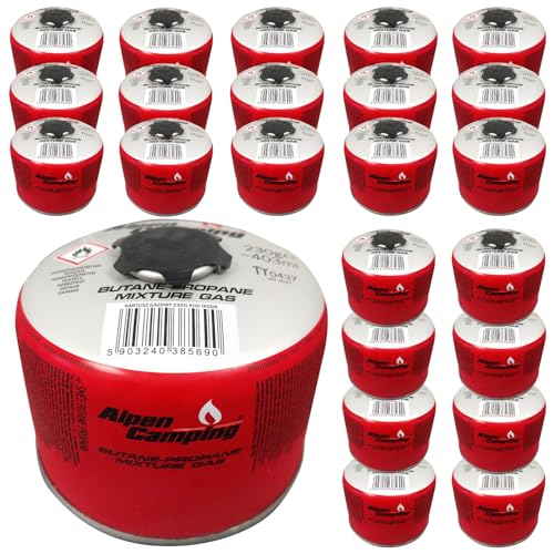 Alpen Camping 230 g Propan‑Butan Gaskartusche EN 417 7/16″ Gewinde Outdoor Campingkocher Wanderkocher Survival Expedition – zuverlässig –10 °C bis +40 °C – Zertifiziert PI 0656/PI 0437 (24 Stück) von Alpen Camping