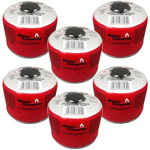 Alpen Camping 230 g Propan‑Butan Gaskartusche EN 417 7/16″ Gewinde Outdoor Campingkocher Wanderkocher Survival Expedition – zuverlässig –10 °C bis +40 °C – Zertifiziert PI 0656/PI 0437 (6 Stück) von Alpen Camping