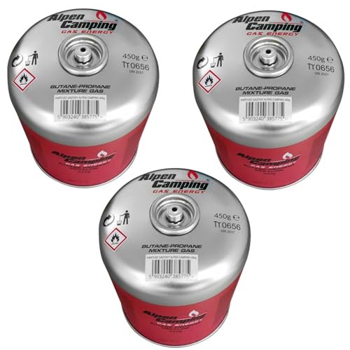 Alpen Camping 3-er Pack 450 g Gaskartusche EN 417 Propan‑Butan 7/16″ Gewinde – für Kocher Outdoor Brenner Zeltlager Reise – zertifiziert PI 0437 – Einsatz von – 10 °C bis + 40 °C (3 Stück) von Alpen Camping