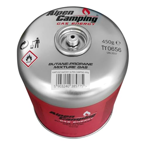 Alpen Camping 450 g Gaskartusche EN 417 Propan‑Butan 7/16″ Gewinde – für Kocher Outdoor Brenner Zeltlager Reise – zertifiziert PI 0437 – Einsatz von – 10 °C bis + 40 °C (1 Stück) von Alpen Camping
