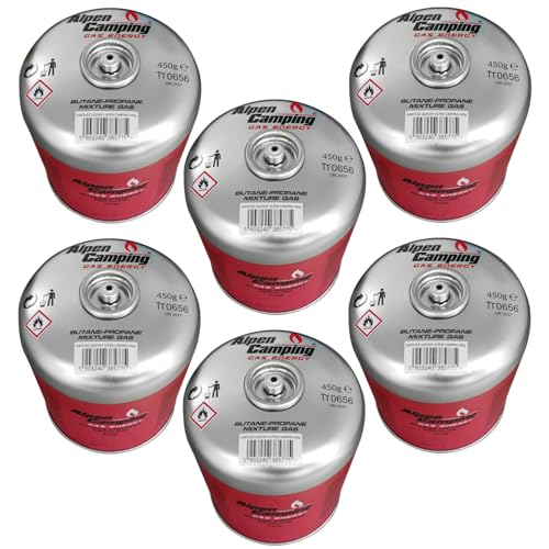 Alpen Camping 6-er Pack 450 g Gaskartusche EN 417 Propan‑Butan 7/16″ Gewinde – für Kocher Outdoor Brenner Zeltlager Reise – Zertifiziert PI 0437 – Einsatz von – 10 °C bis + 40 °C (6 Stück) von Alpen Camping