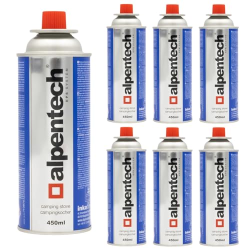 Alpen Camping 7-er Pack Butangas Kartusche 250g 450ml | Stechkartusche für Gaskocher Lötbrenner Bunsenbrenner Camping Herd Outdoor Kochen Nachfüllbare Gasflasche EN 417 Kompatibel (7 Stück) von Alpen Camping