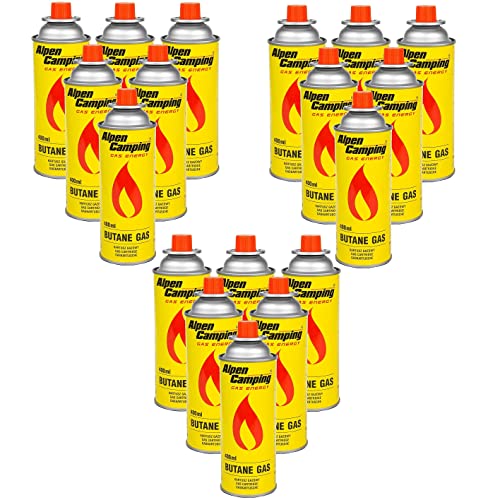 Alpen Camping Butan 18x400ml Gaskartuschen Gasflasche für Gaskocher Campingkocher Bunsenbrenner Lötbrenner 400ml EN417 (18) von Alpen Camping