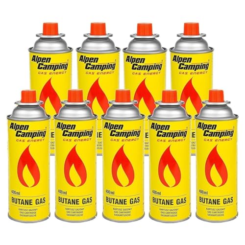 Alpen Camping Butan 9x400ml Gaskartuschen Gasflasche für Gaskocher Campingkocher Bunsenbrenner Lötbrenner 400ml EN417 (9) von Alpen Camping