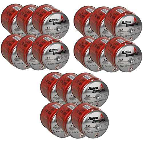 Alpen Camping IK006 18x 400 ml / 190g Gaskartusche Propan-Butan Stechkartusche für Gaskocher Campingkocher Bunsenbrenner Lötbrenner EN417 Gas Block System (18 Stück) von Alpen Camping