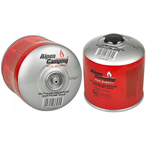 Alpen Camping IK008 2x 877 ml / 500g Gaskartusche mit Propan-Butan Schraubkartusche mit 7/16“ Anschluss für Gaskocher Campingkocher Bunsenbrenner Lötbrenner EN417 (2 Stück) von Alpen Camping