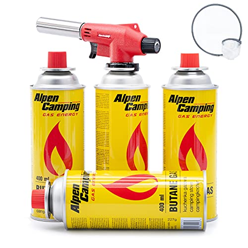 Bunsenbrenner Lötbrenner Vulcano Gasbrenner Gasanzünder Lötlampe mit Piezozündung für Gaskartuschen (Lötbrenner mit 4 Kartuschen) von Alpen Camping