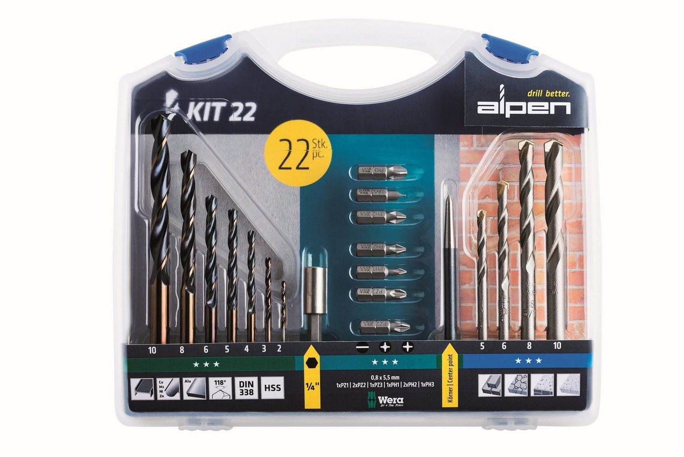 Alpen Bohrer- und Bit-Set Alpen Bohr- und Schraubset KIT 22 mit Kunststoffkoffer 22-tlg MZ-Set von Alpen