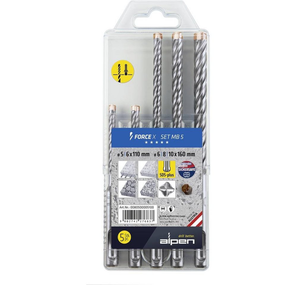 Alpen Spiralbohrer FORCE X SDS-plus Hammerbohrer-Set 4 Schneiden 0080500005100 von Alpen