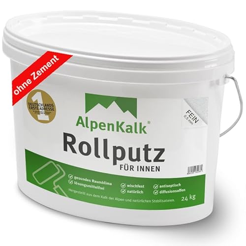 AlpenKalk Rollputz Fein | 0,5mm Körnung | Ideal für Heimwerker | Atmungsaktiv & Luftreinigend | UMWELTFREUNDLICH | 24 kg für ca. 65 m² von AlpenKalk