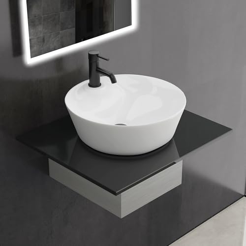 Alpenberger Aufsatzwaschbecken Rund 43 cm | Keramik Waschbecken Klein auf Granit Naturstein Waschtischplatte | Handwaschbecken mit Keramikversiegelung | Mini Waschtisch Gäste WC Waschschüssel von Alpenberger Germany