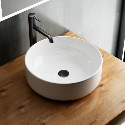 Alpenberger Aufsatzwaschbecken Rund | Kleines Waschbecken Ø 41 cm - 14 cm Höhe | Waschschale für Bad und Gäste WC | Handwaschbecken Weiß | Waschschüssel ohne Hahnloch von Alpenberger Germany