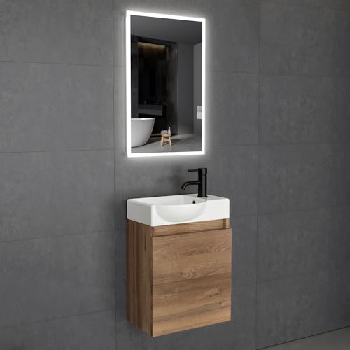 Alpenberger Badezimmer Möbel Set | Gäste WC Waschbecken mit Unterschrank und Spiegel | Badezimmerspiegel mit Beleuchtung | Waschbeckenunterschrank Bamboo (Lugano 450L) von Alpenberger Germany