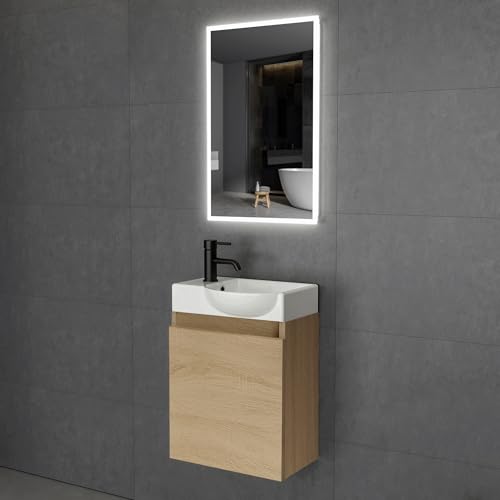 Alpenberger Badezimmermöbel Set | Waschtisch mit Unterschrank | Badschrank Schmal mit Badezimmer Spiegel mit Beleuchtung | Waschbeckenunterschrank Eiche Hell + Rechts Becken von Alpenberger Germany