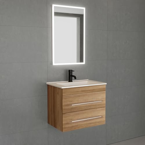 Alpenberger Badezimmermöbel Set mit Waschbecken und Badspiegel mit Beleuchtung | Gäste WC Waschbecken mit Unterschrank 60 cm Breit | Badmöbel für Kleine Bäder mit LED Spiegel Bad (Bamboo Farbe) von Alpenberger Germany