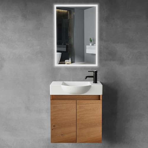Alpenberger Badezimmermöbel mit Spiegel | Badmöbel Set Waschtisch mit Unterschrank und Badspiegel mit Beleuchtung | Badezimmerschrank mit Waschbecken | Waschbeckenunterschrank (Bamboo) von Alpenberger Germany