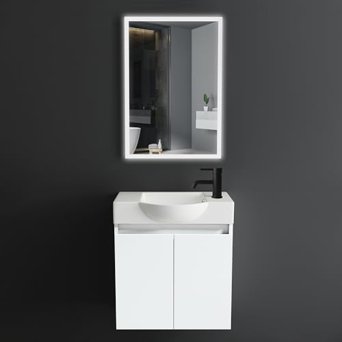 Alpenberger Badezimmermöbel mit Spiegel | Badmöbel Set Waschtisch mit Unterschrank und Badspiegel mit Beleuchtung | Badezimmerschrank mit Waschbecken | Waschbeckenunterschrank (Weiss Glänzend) von Alpenberger Germany