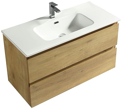Alpenberger Waschbecken mit Unterschrank 100 cm Breit Eiche Natur | Aufsatzwaschbecken Waschbeckenunterschrank Waschplätze | Waschtisch Gäste WC Möbel Set | Waschtischunterschrank Hängend von Alpenberger Germany