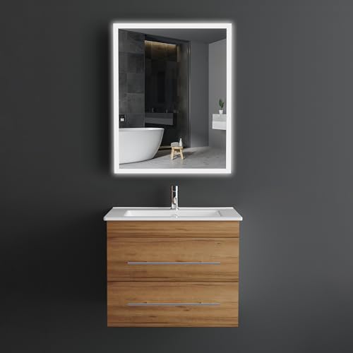 Alpenberger Badezimmerschrank mit Spiegel | Waschbeckenunterschrank Hängend mit 2 Schubladen | Waschbecken mit Unterschrank | Badspiegel mit Beleuchtung | Badezimmer Set (Bamboo, 60 cm breit) von Alpenberger Germany