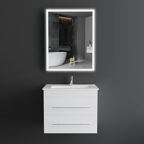 Alpenberger Badezimmerschrank mit Spiegel | Waschbeckenunterschrank Hängend mit 2 Schubladen | Waschbecken mit Unterschrank | Badspiegel mit Beleuchtung | Badezimmer Set (Weiß, 60 cm breit) von Alpenberger Germany